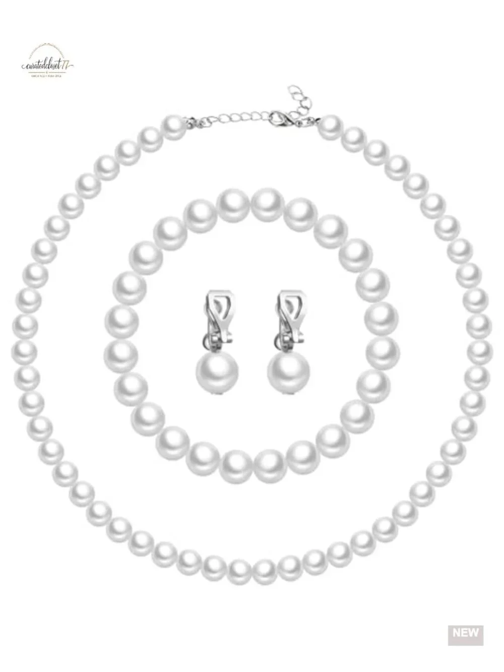 3 Pcs Faux Pearl Jewelry Set Clip On Earring Necklace Bracelet
